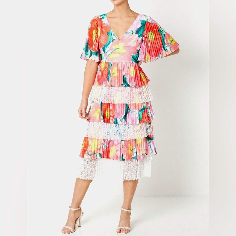 Coast Tiered Georgette‎ Floral Midi Dress With Lace Trims Size 4